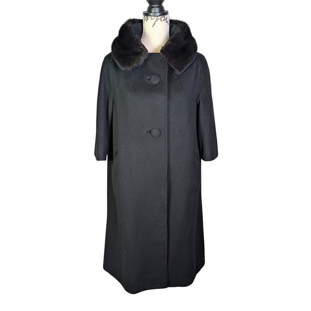 Vintage 1960s Black Wool Coat Mink Fur Collar 3/4 Sleeve Swing Mod 46 Bust